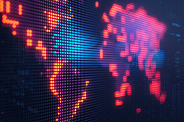 Poster - Digital world map with glowing red and blue dots representing data points and connectivity, showcasing global technology and information flow.