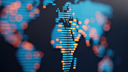 Poster - digitally rendered abstract world map with vibrant blue and orange led pixels highlighting global re