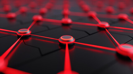 Poster - Abstract black and red futuristic technology background with glowing elements connected by lines, representing a network or communication web.