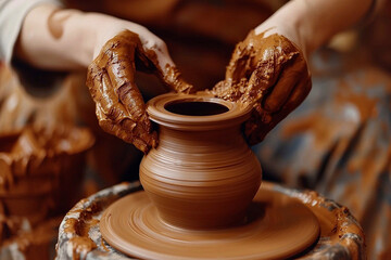 Wall Mural - Hands of a potter at work. Hands of a craftsman shaping a ceramic product on a potter's wheel. The clay is evenly distributed creating a symmetrical jug.