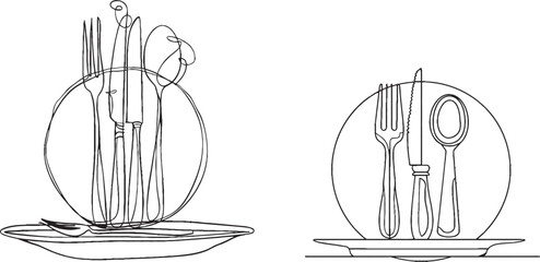 Poster - A continuous one line drawing of cutlery and cooking utensils. A fork, knife, and plate. This is a hand drawn illustration for a restaurant logo or menu cover.