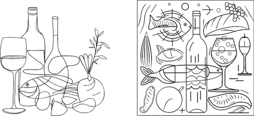 Poster - Modern illustration showing fresh vegetables, fruits, fish, bread, cheese, and meat in continuous line style.