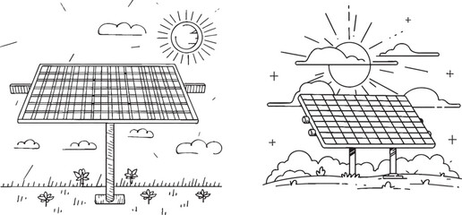 Poster - Energy of sun with ecology power station modern illustration in doodle style. Contour line sign for innovation, environment, renewable energy.