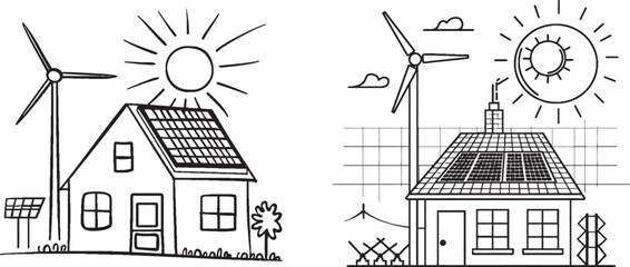 Poster - A continuous one line icon of a wind turbine, a solar panel, and a sun in doodle style. The energy of the sun and the ecology of the house are combined in this modern illustration.