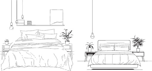 Poster - The illustration depicts one continuous line of a modern style room with full furniture. Luxurious interior. Fully furnished. Bedroom. Hotel rooms. Very cozy rooms. Staycation. One line design
