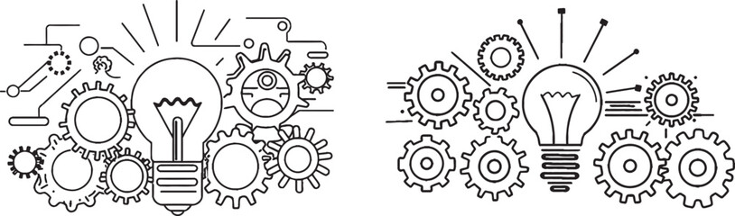 Fototapete - Modern idea one line drawing. Creating a continuous line drawing. Background contour line question mark, light bulb, gear.