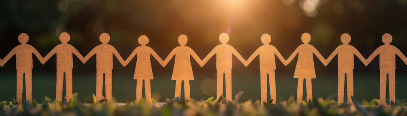 Poster - A row of paper cutouts holding hands, symbolizing unity, community, and teamwork, set against a backdrop of a glowing sunset.
