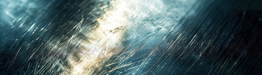 Poster - Abstract close-up of textured metallic surface with scratched and reflective areas in blue and silver tones, creating a dynamic visual effect.