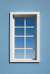  A minimalist photo of a single window frame against a clear blue sky. 