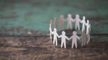 Poster - Close-up of paper chain people forming a circle on a rustic wooden surface, symbolizing unity, teamwork, and community.