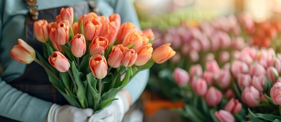 Poster - A Bouquet of Peach Tulips in a Flower Shop