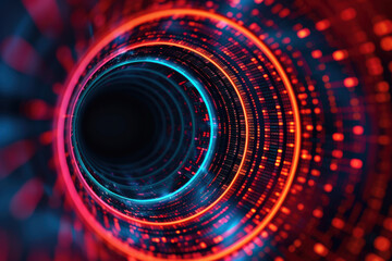 Poster - Abstract futuristic tunnel with glowing red and blue lights, representing digital technology, speed, and innovation.