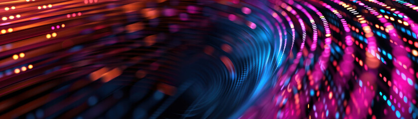 Poster - Abstract colorful light trails creating a dynamic curved pattern representing movement and speed in a digital universe.