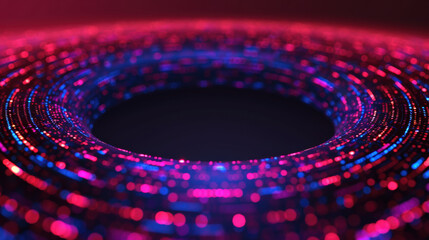 Poster - Abstract digital vortex with vibrant pink and blue light particles forming circular patterns, creating a mesmerizing, futuristic visual effect.