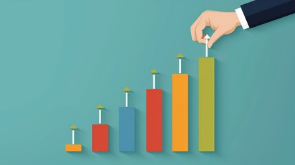 Poster - a hand is reaching up to a bar graph with a red arrow pointing up. the graph has a series of bars wi