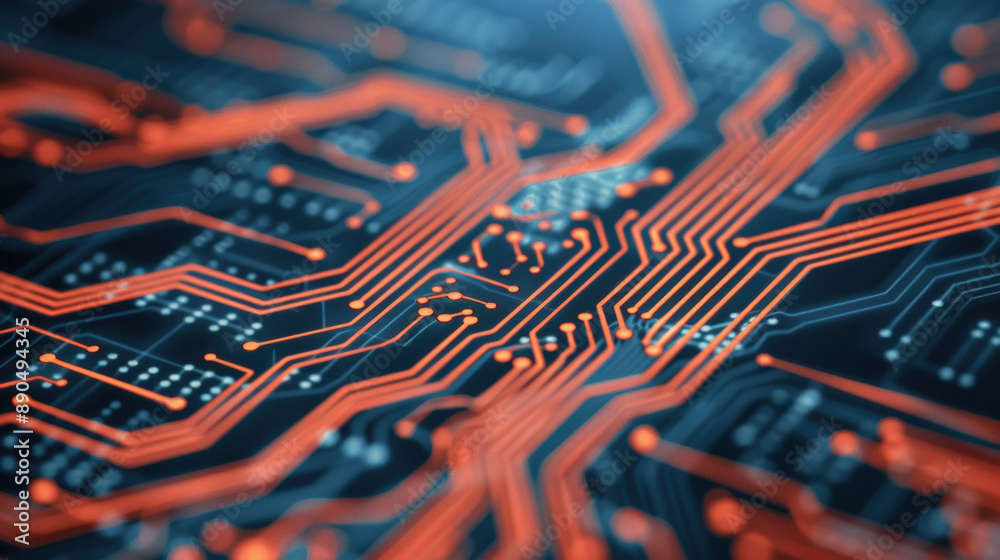 Close-up image of a detailed circuit board with glowing red lines ...