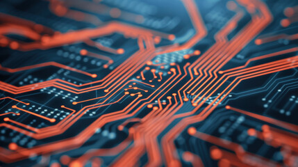 Poster - Close-up image of a detailed circuit board with glowing red lines representing electronic pathways. High-tech and futuristic design.