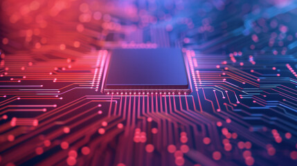 Poster - Close-up of a glowing microchip on a circuit board, showcasing advanced technology and intricate electronic design in a colorful futuristic setting.