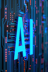 Poster - Close-up of circuit board with illuminated AI letters, representing artificial intelligence and modern technology.