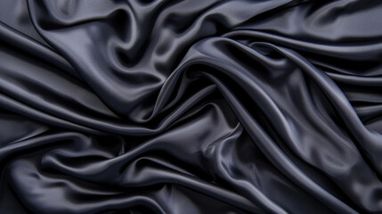 Poster - close-up of smooth, black satin fabric, showcasing its luxurious and elegant texture with gentle fol