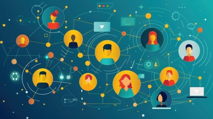 Poster - Virtual networking, professionals connecting online, flat design illustration