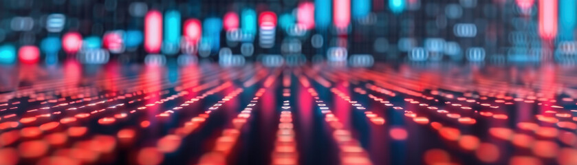 Poster - abstract digital landscape with blurred neon lights and dots, showcasing futuristic technology and m