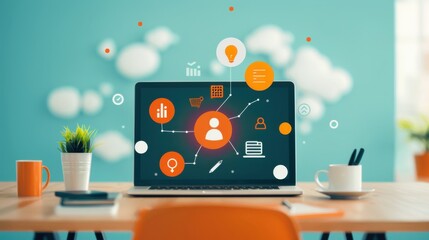 Aufkleber - virtual office with various collaboration tools displayed, modern and efficient.