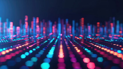 Poster - Abstract futuristic glowing digital backdrop with blue, red, and pink neon lights in a dark background, resembling a data visualization or soundwave.