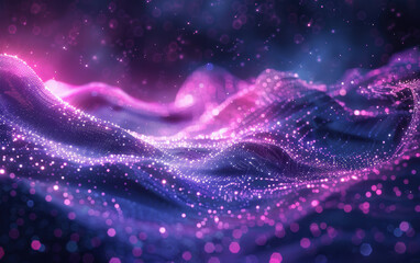 Poster - Abstract digital landscape with neon pink and blue particles forming waves, creating a futuristic and vibrant visual effect.