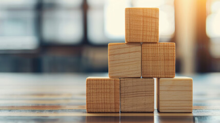 Poster - wooden blocks stacked in a pyramid formation on a polished wooden surface with a blurred background,