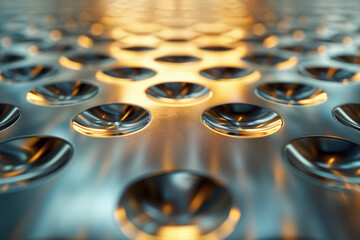Poster - Abstract close-up of metallic surface with circular holes, illuminated by warm light, creating a modern and futuristic feel.