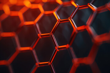 Poster - Close-up of a hexagonal grid structure with red glowing lines. Abstract, geometric design showcasing illuminated polygons and modern, futuristic aesthetics.