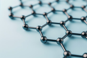 Poster - Abstract molecular structure of hexagonal graphene on blue background, showcasing nanotechnology and advanced material concepts.
