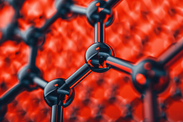 Poster - Close-up of a graphene molecular structure in black against a vibrant red background. Represents nanotechnology, science, and material innovation.