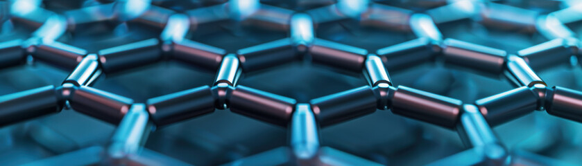 Poster - Close-up view of a hexagonal structure resembling a graphene or molecular network with a futuristic and technological aesthetic in blue tones.