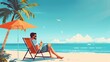 © PStyle - An illustration of a person relaxing on a beach chair under a palm tree and umbrella, with the ocean in the background.