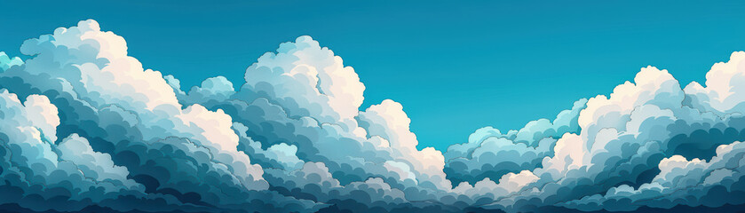 Wall Mural - vividly colored digital illustration of fluffy white clouds against a bright blue sky, capturing the