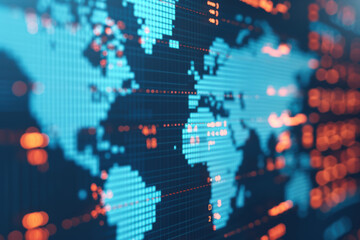 Poster - Digital world map with glowing data points representing global connections and technology trends. Perfect for tech presentations and global data visualizations.
