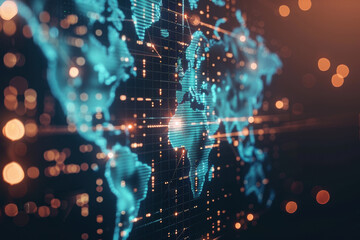 Poster - Glowing digital world map with network connections and data points. Abstract technology background illustrating global communication and connectivity.