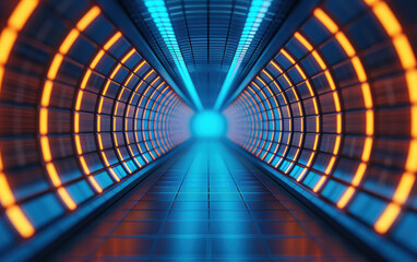 Poster - futuristic tunnel with neon lights and metallic floor, creating a vibrant and dynamic atmosphere, pe