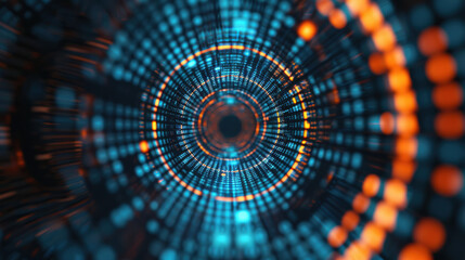 Poster - Abstract digital tunnel with glowing blue and orange lights, creating a sense of futuristic technology and motion.