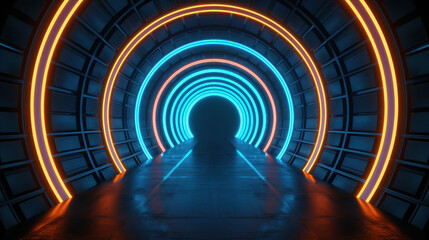 Poster - Futuristic tunnel with glowing neon lights in blue and orange, creating a mesmerizing and immersive sci-fi atmosphere.