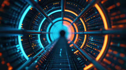 Poster - Futuristic tunnel with advanced technology, neon lights, and intricate details, depicting sci-fi and innovation for backgrounds or concept designs.