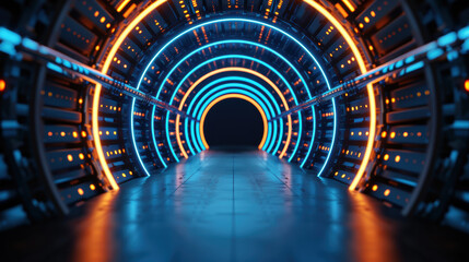 Wall Mural - Futuristic tunnel with glowing blue and orange lights, representing a sci-fi setting or advanced technological environment.