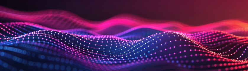 Poster - Abstract digital waves illustration with glowing dots in neon pink and purple hues, depicting futuristic technology and data visualization.