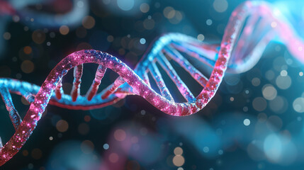 Poster - A vibrant, colorful   of a DNA helix glowing against a dark, abstract background, symbolizing biotechnology and genetic research advancements.