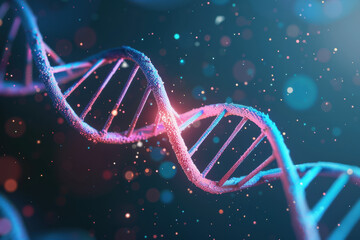 Poster - Close-up of a double helix DNA strand with glowing particles and abstract background, illustrating genetic research and biotechnology.