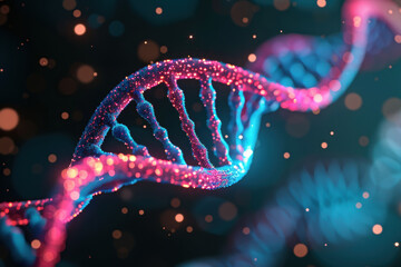Poster - Close-up view of a glowing DNA double helix structure, showcasing intricate details and vibrant colors, representing genetics and scientific research.