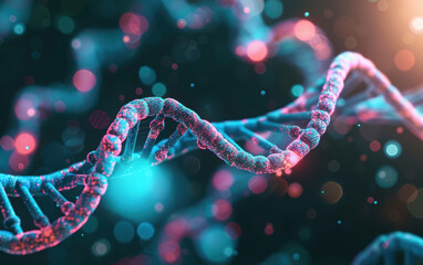 Poster - Close-up of a DNA double helix structure with glowing biochemical elements, representing genetic research and biotechnology advancements.