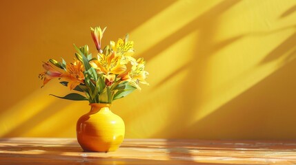 Wall Mural - Yellow alstroemeria lilies in a yellow vase on a wooden table